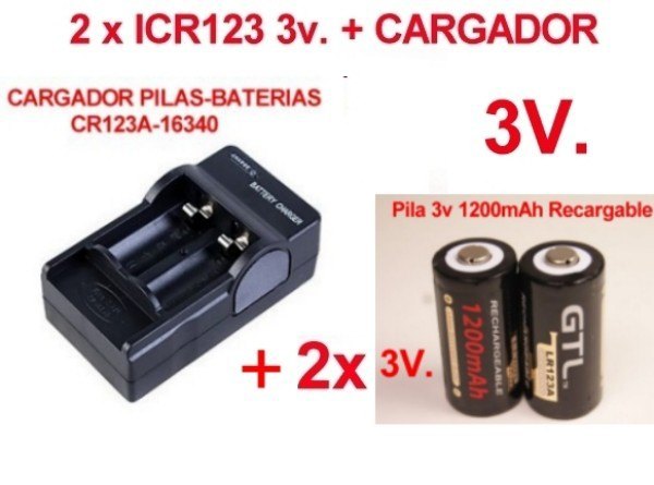 2 x Pila Batería ICR123A 3V Recargable 1200 mAh + Cargador